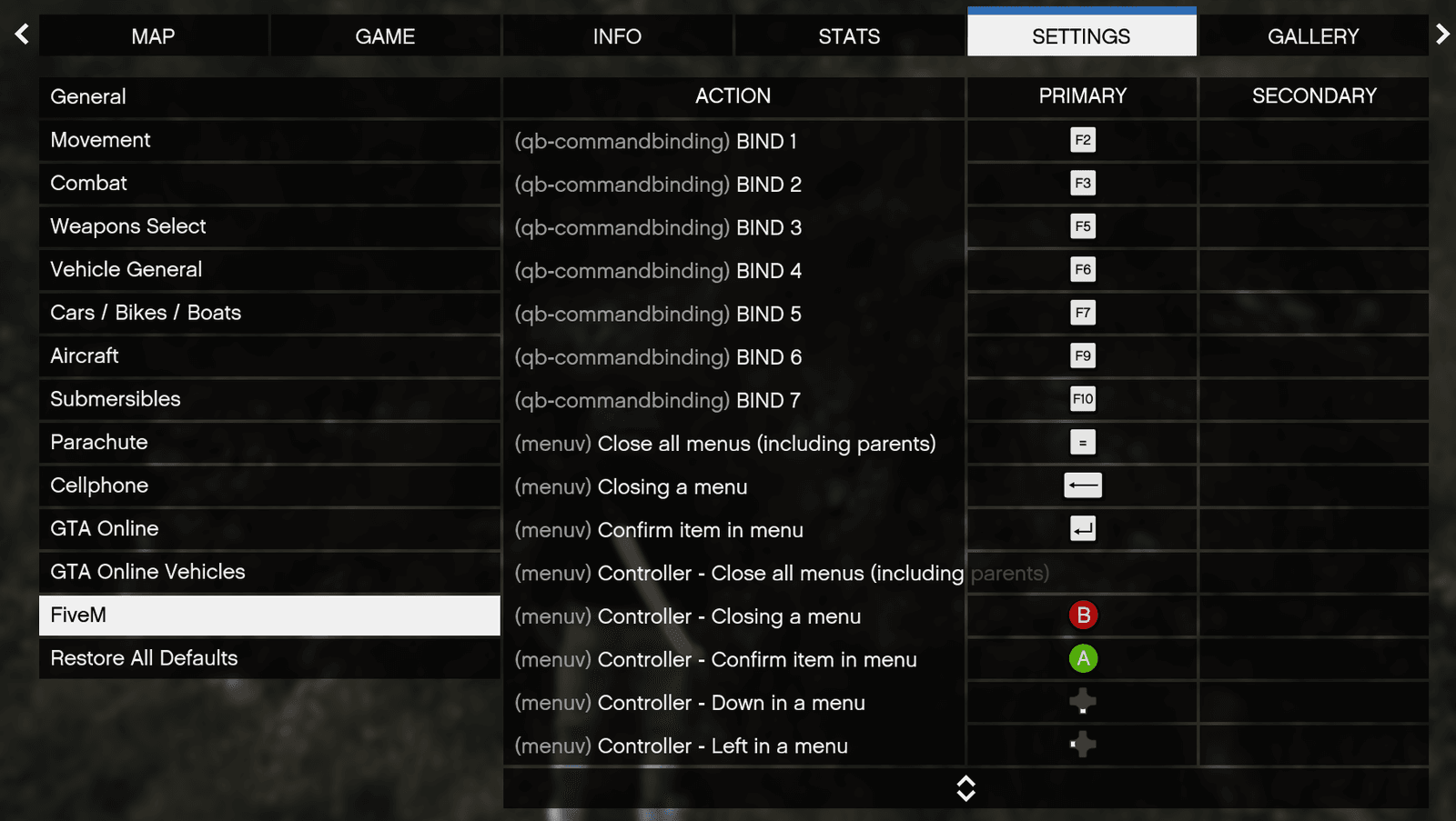 Click FiveM to edit server-specific keybinds.