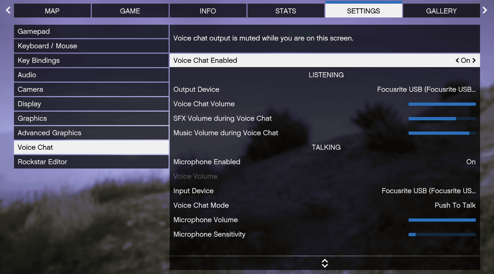 The FiveM Settings menu on the Voice Chat tab, with Voice Chat Enabled turned On