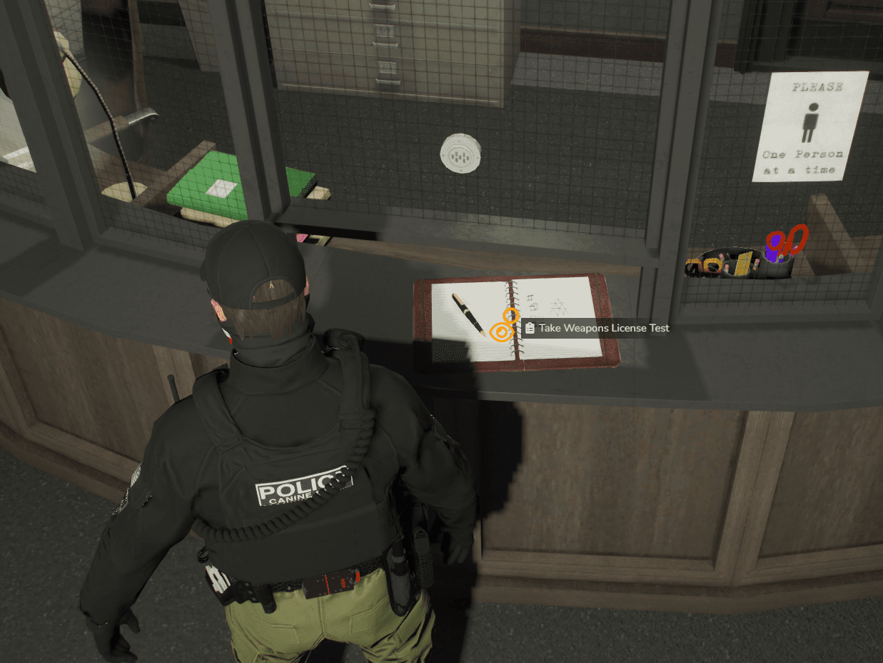 Take Weapons License Test prompt at a police department front desk